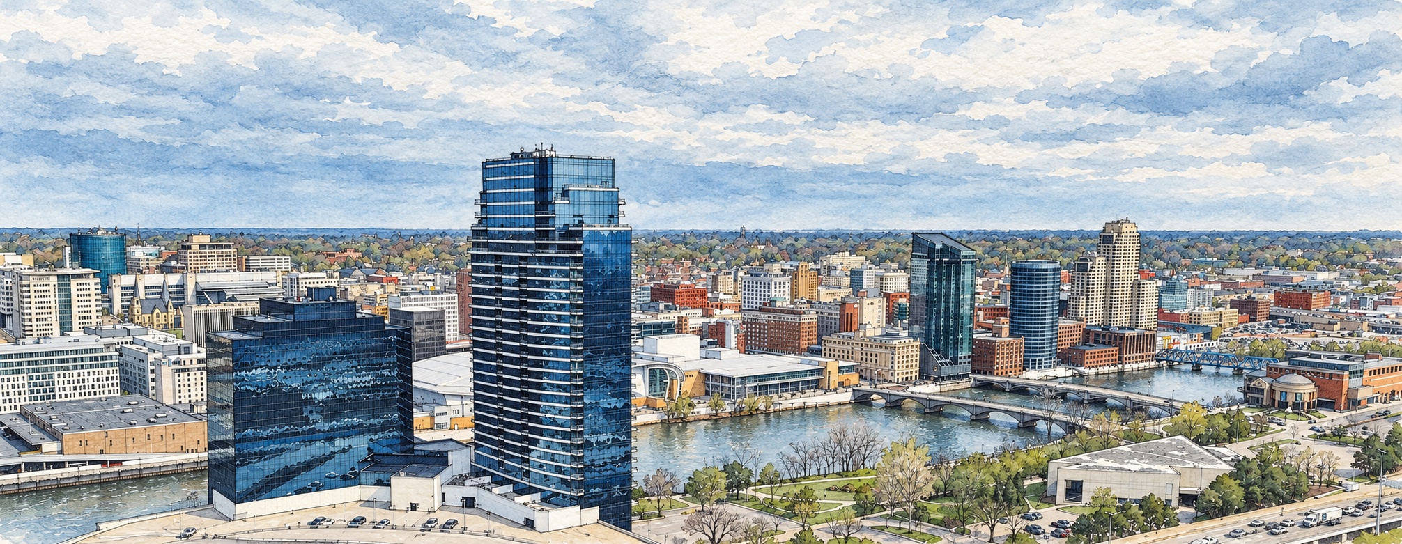 Watercolor and pen-and-ink interpretation of the Grand Rapids skyline and Grand River, based on an April 2022 photograph by WMrapids.