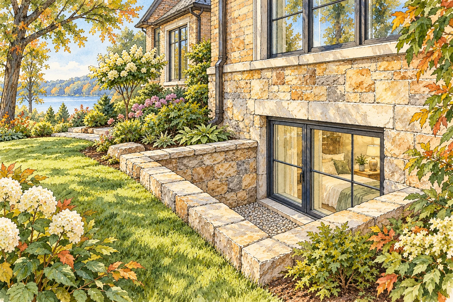 Pen-and-ink watercolor of a basement bedroom window in an open stone-lined window well beside a landscaped home.