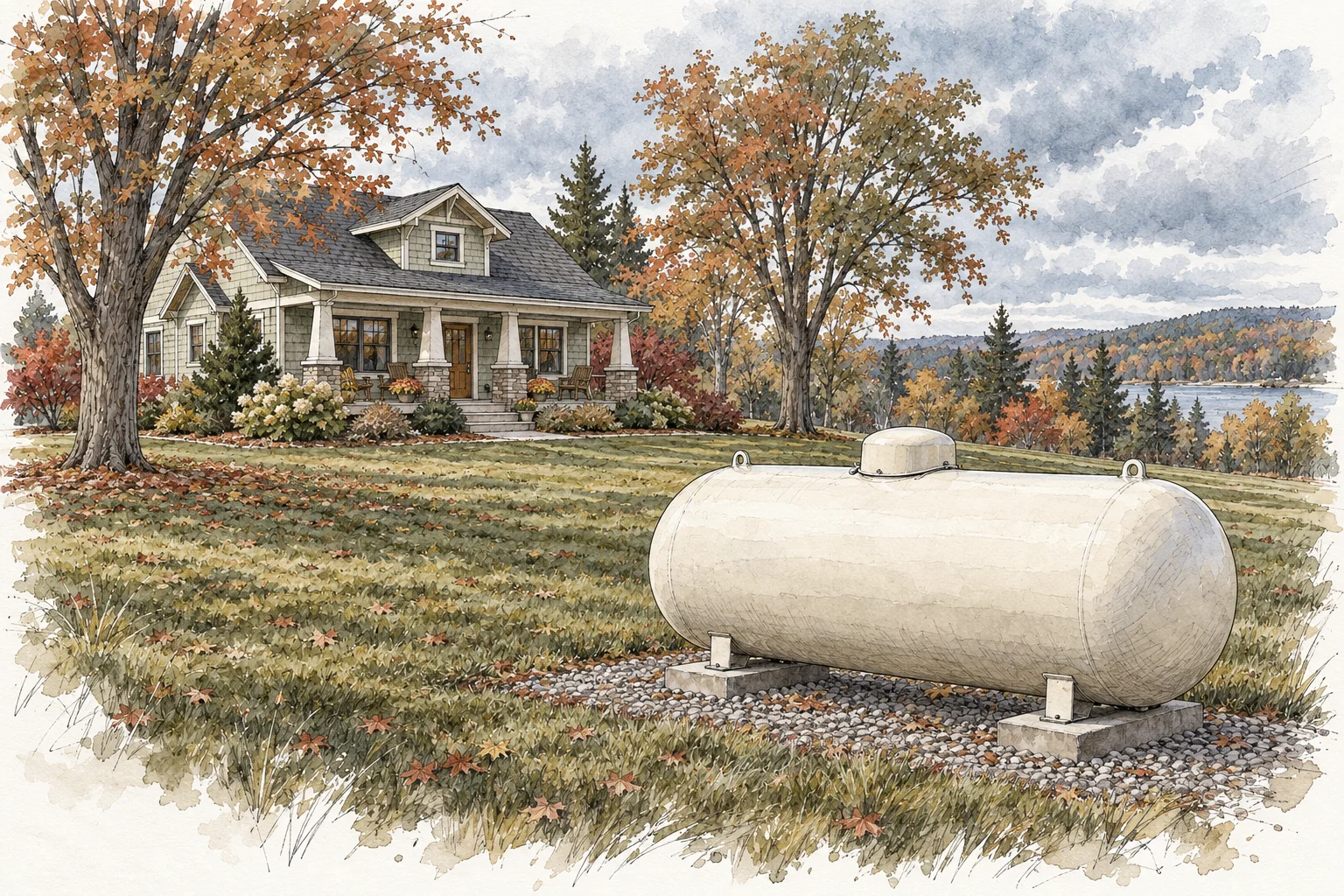 Ink-and-watercolor illustration of a white propane tank outside a West Michigan home among autumn trees.
