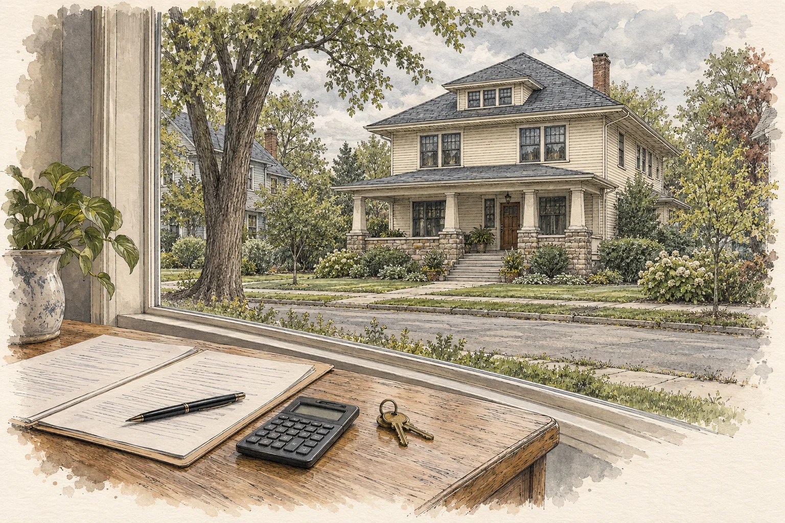 Ink-and-watercolor illustration of closing documents, a calculator, and house keys by a window overlooking a home.