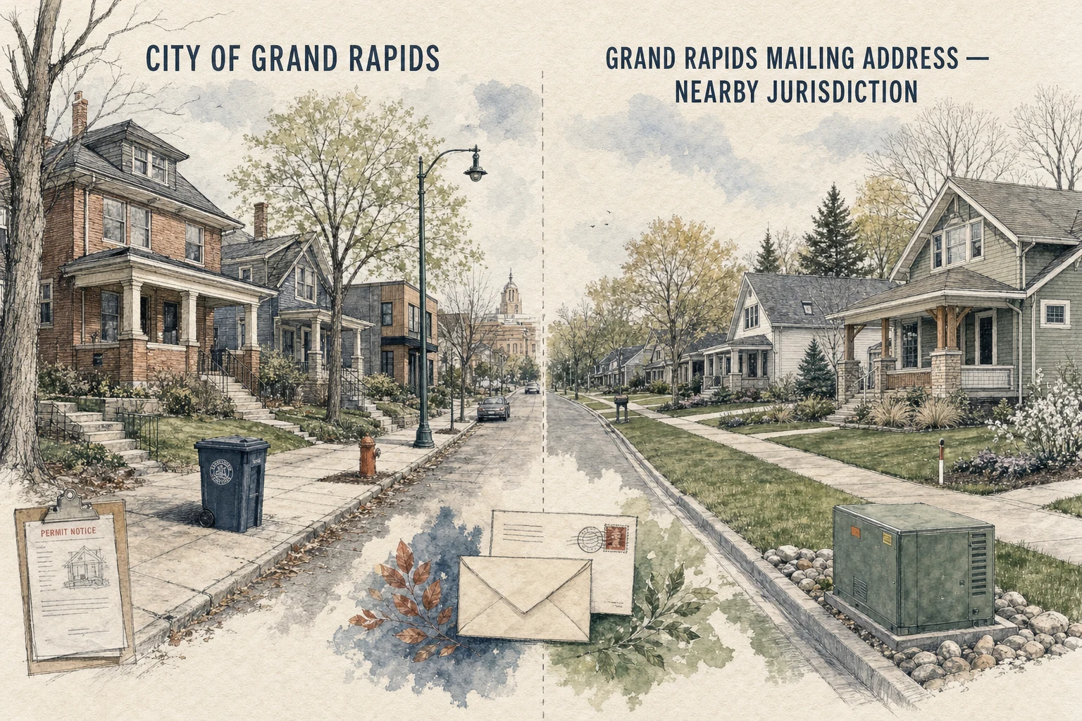Conceptual split-scene watercolor comparing homes inside the City of Grand Rapids with homes in a nearby jurisdiction that uses a Grand Rapids mailing address, illustrated with permit, mail, trash-service, and utility symbols.
