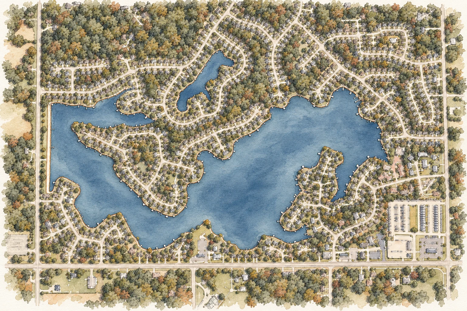 Watercolor aerial illustration of Lake Bella Vista and North Lake Bella Vista near Rockford, based on USDA imagery.