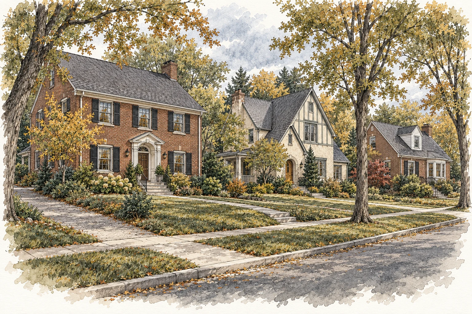 Conceptual ink-and-watercolor streetscape inspired by Ottawa Hills homes, with Colonial, Tudor, and Cape Cod houses beneath mature trees.